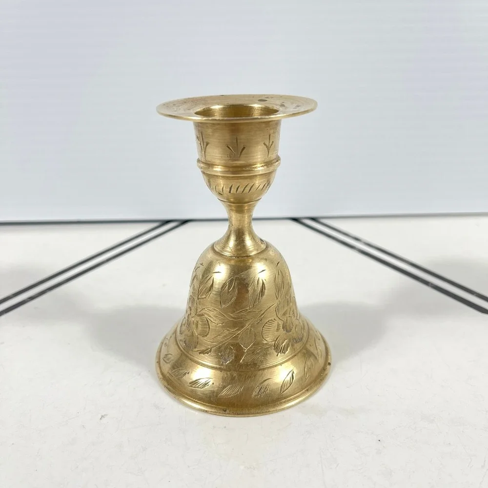 Vintage Etched Brass Bell Candle Holder Floral Hand‎ Engraved Made in India